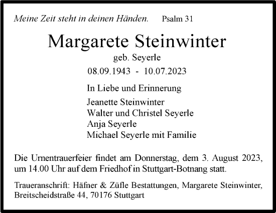Traueranzeige von Margarete Steinwinter von Eßlinger Zeitung/Cannstatter Zeitung