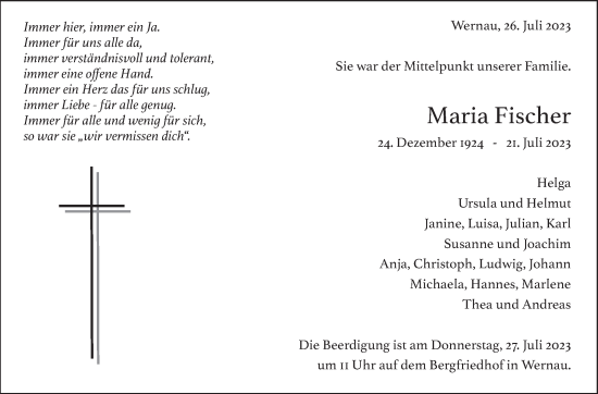 Traueranzeige von Maria Fischer von Eßlinger Zeitung/Cannstatter Zeitung