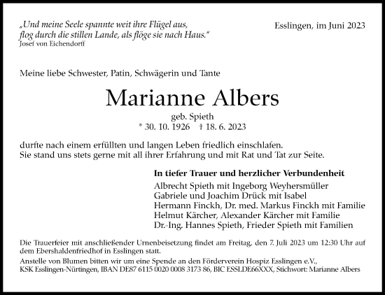 Traueranzeige von Marianne Albers von Eßlinger Zeitung/Cannstatter Zeitung