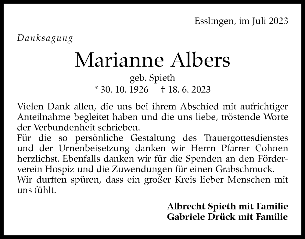  Traueranzeige für Marianne Albers vom 29.07.2023 aus Eßlinger Zeitung/Cannstatter Zeitung
