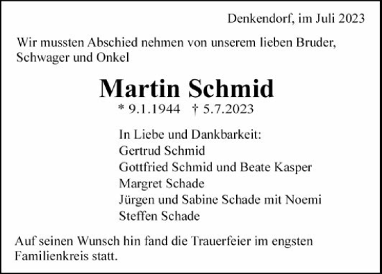 Traueranzeige von Martin Schmid von Eßlinger Zeitung/Cannstatter Zeitung