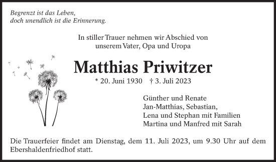 Traueranzeige von Matthias Priwitzer von Eßlinger Zeitung/Cannstatter Zeitung
