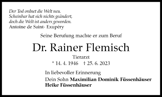 Traueranzeige von Rainer Flemisch von Eßlinger Zeitung/Cannstatter Zeitung