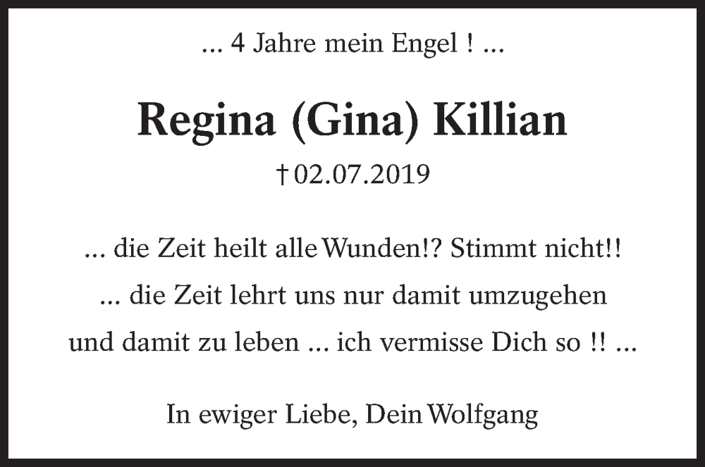  Traueranzeige für Regina Killian vom 01.07.2023 aus Eßlinger Zeitung/Cannstatter Zeitung