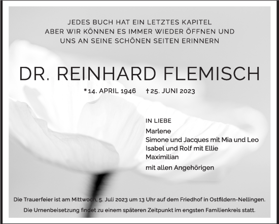 Traueranzeige von Reinhard Flemisch von Eßlinger Zeitung/Cannstatter Zeitung