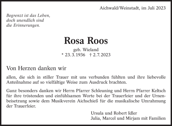 Traueranzeige von Rosa Roos von Eßlinger Zeitung/Cannstatter Zeitung
