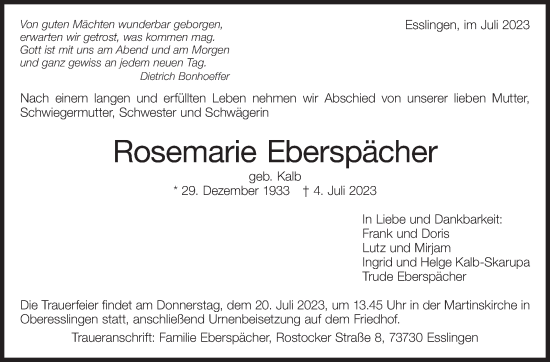 Traueranzeige von Rosemarie Eberspächer von Eßlinger Zeitung/Cannstatter Zeitung