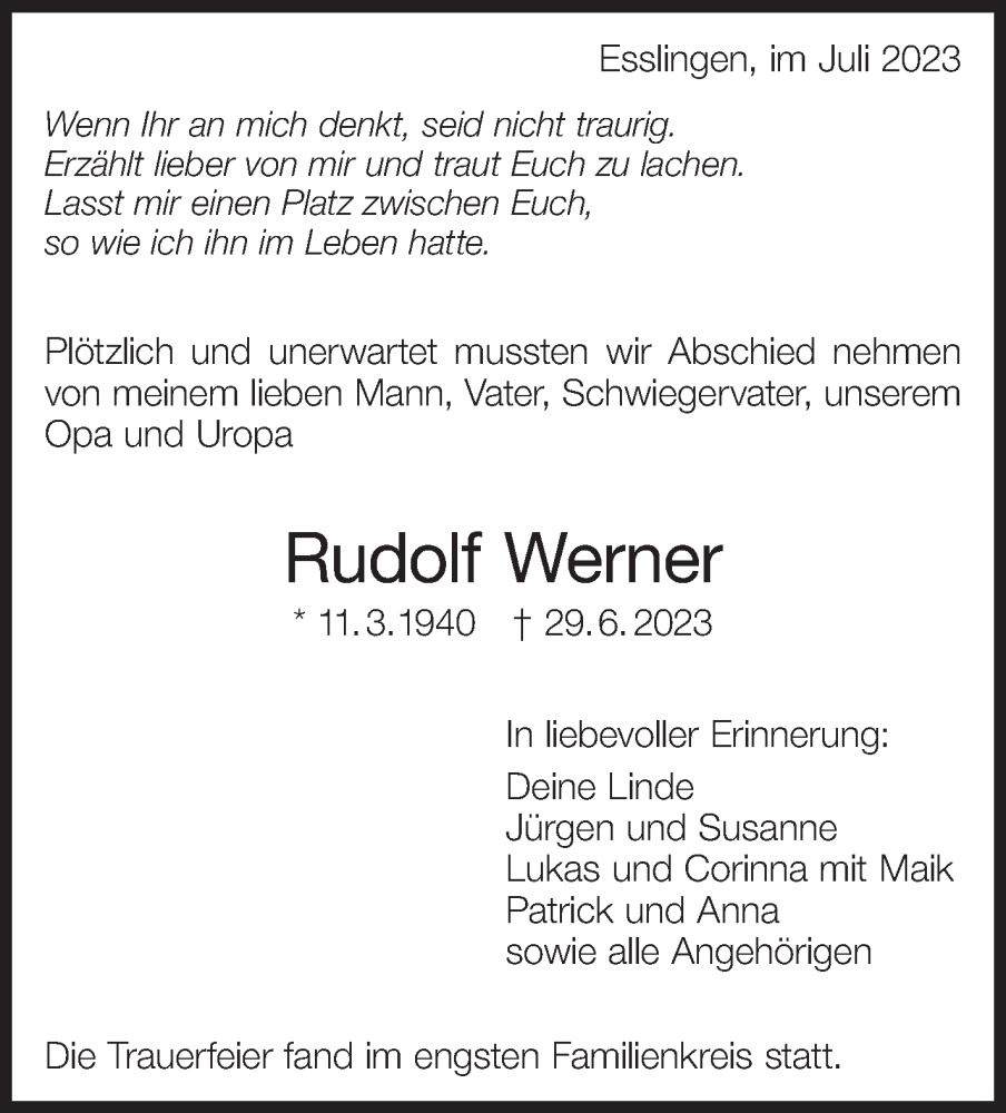  Traueranzeige für Rudolf Werner vom 22.07.2023 aus Eßlinger Zeitung/Cannstatter Zeitung