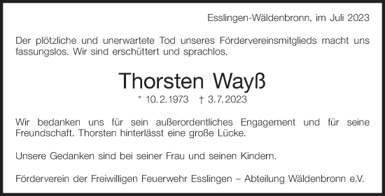 Traueranzeige von Thorsten Wayß von Eßlinger Zeitung/Cannstatter Zeitung