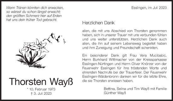 Traueranzeige von Thorsten Wayß von Eßlinger Zeitung/Cannstatter Zeitung