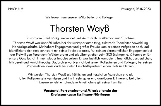 Traueranzeige von Thorsten Wayß von Eßlinger Zeitung/Cannstatter Zeitung