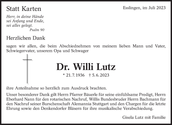 Traueranzeige von Willi Lutz von Eßlinger Zeitung/Cannstatter Zeitung