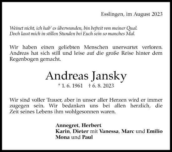 Traueranzeige von Andreas Jansky von Eßlinger Zeitung/Cannstatter Zeitung