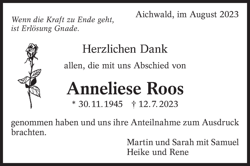  Traueranzeige für Anneliese Roos vom 05.08.2023 aus Eßlinger Zeitung/Cannstatter Zeitung