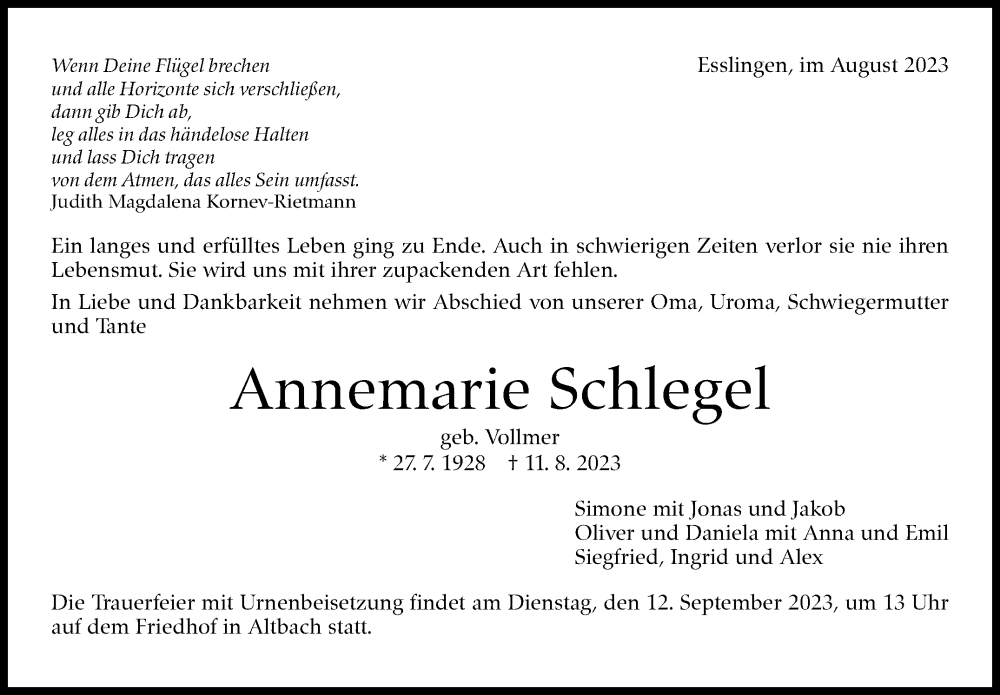  Traueranzeige für Annemarie Schlegel vom 17.08.2023 aus Eßlinger Zeitung/Cannstatter Zeitung