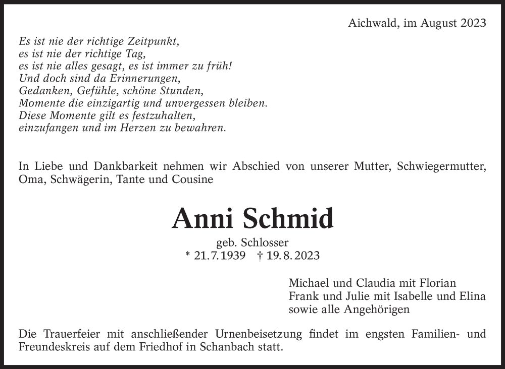  Traueranzeige für Anni Schmid vom 26.08.2023 aus Eßlinger Zeitung/Cannstatter Zeitung