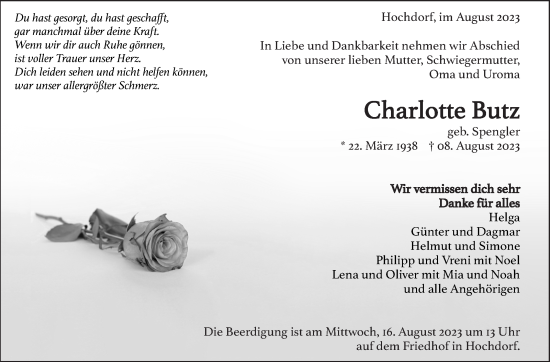 Traueranzeige von Charlotte Butz von Eßlinger Zeitung/Cannstatter Zeitung