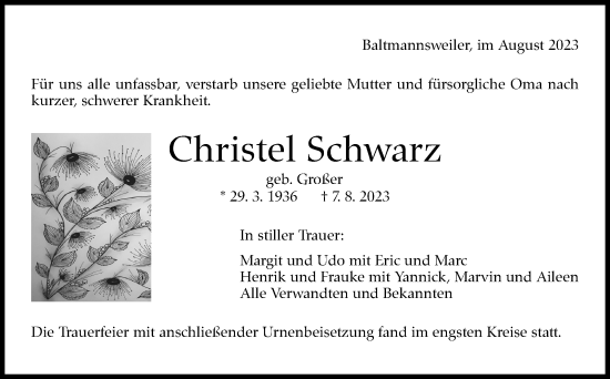 Traueranzeige von Christel Schwarz von Eßlinger Zeitung/Cannstatter Zeitung