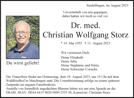 Traueranzeige von Christian Wolfgang Storz von Eßlinger Zeitung/Cannstatter Zeitung