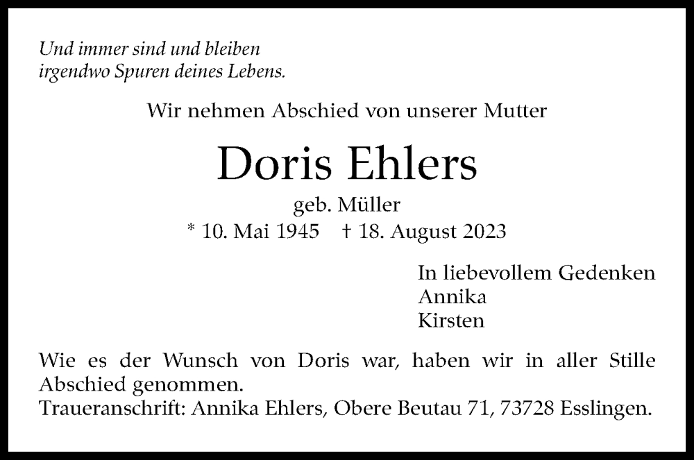  Traueranzeige für Doris Ehlers vom 26.08.2023 aus Eßlinger Zeitung/Cannstatter Zeitung