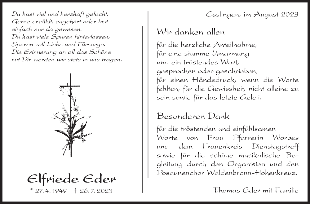  Traueranzeige für Elfriede Eder vom 26.08.2023 aus Eßlinger Zeitung/Cannstatter Zeitung