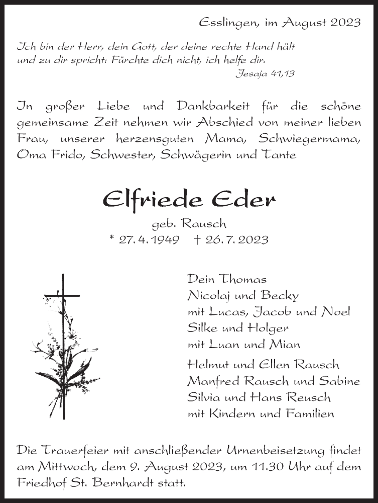  Traueranzeige für Elfriede Eder vom 05.08.2023 aus Eßlinger Zeitung/Cannstatter Zeitung