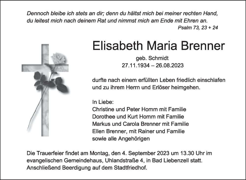  Traueranzeige für Elisabeth Maria Brenner vom 30.08.2023 aus Eßlinger Zeitung/Cannstatter Zeitung