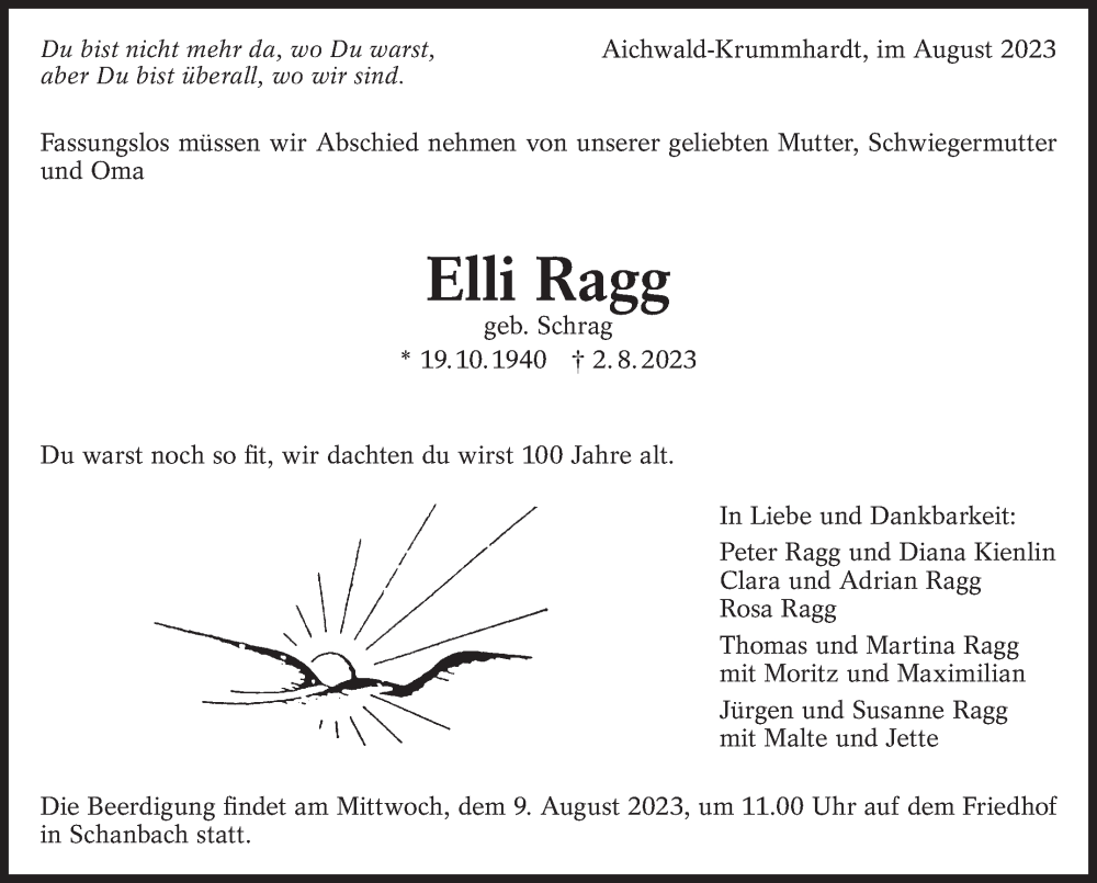  Traueranzeige für Elli Ragg vom 05.08.2023 aus Eßlinger Zeitung/Cannstatter Zeitung