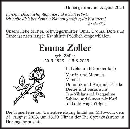 Traueranzeige von Emma Zoller von Eßlinger Zeitung/Cannstatter Zeitung