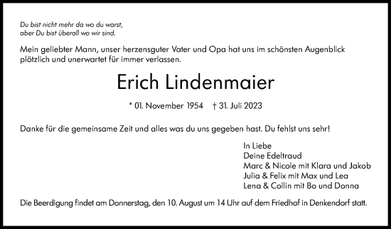 Traueranzeige von Erich Lindenmaier von Eßlinger Zeitung/Cannstatter Zeitung