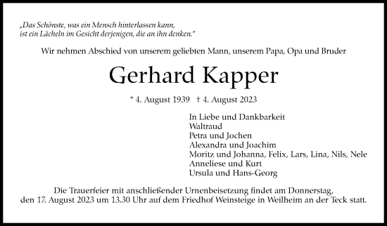 Traueranzeige von Gerhard Kapper von Eßlinger Zeitung/Cannstatter Zeitung