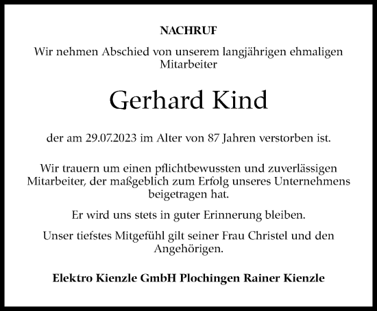Traueranzeige von Gerhard Kind von Eßlinger Zeitung/Cannstatter Zeitung