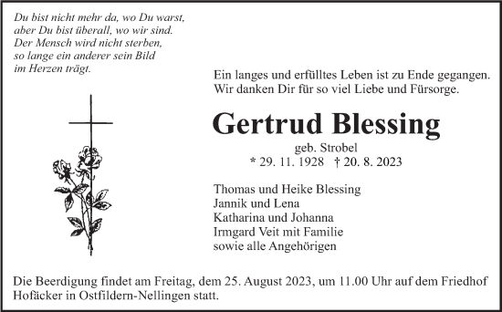Traueranzeige von Gertrud Blessing von Eßlinger Zeitung/Cannstatter Zeitung