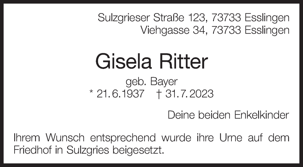  Traueranzeige für Gisela Ritter vom 19.08.2023 aus Eßlinger Zeitung/Cannstatter Zeitung
