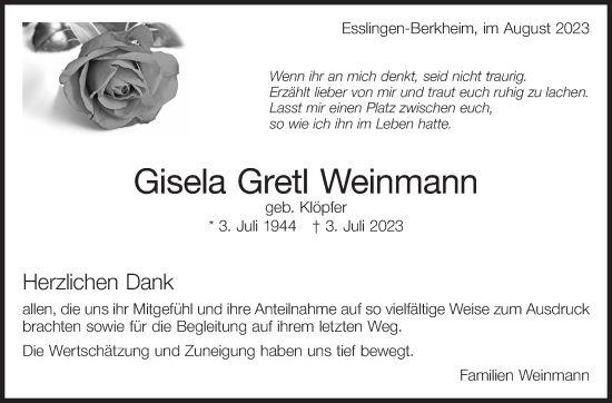 Traueranzeige von Gisela Gretl Weinmann von Eßlinger Zeitung/Cannstatter Zeitung