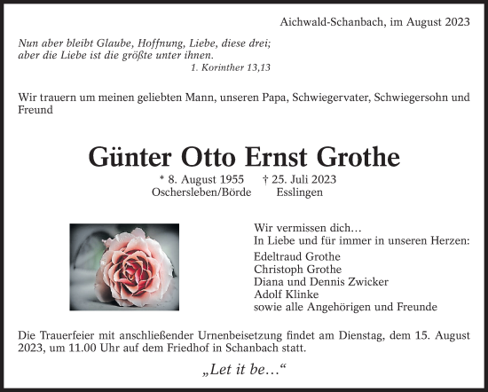 Traueranzeige von Günter  Grothe von Eßlinger Zeitung/Cannstatter Zeitung