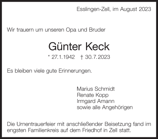 Traueranzeige von Günter Keck von Eßlinger Zeitung/Cannstatter Zeitung