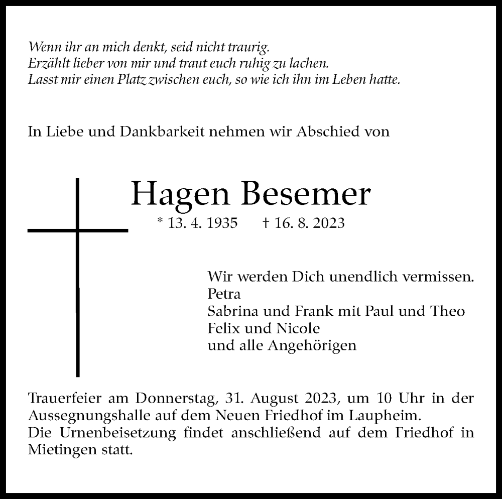  Traueranzeige für Hagen Besemer vom 28.08.2023 aus Eßlinger Zeitung/Cannstatter Zeitung