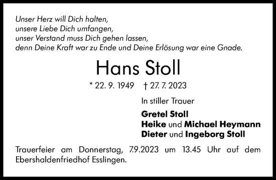 Traueranzeige von Hans Stoll von Eßlinger Zeitung/Cannstatter Zeitung