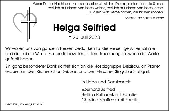 Traueranzeige von Helga Seifried von Eßlinger Zeitung/Cannstatter Zeitung