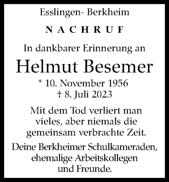 Traueranzeige von Helmut Besemer von Eßlinger Zeitung/Cannstatter Zeitung