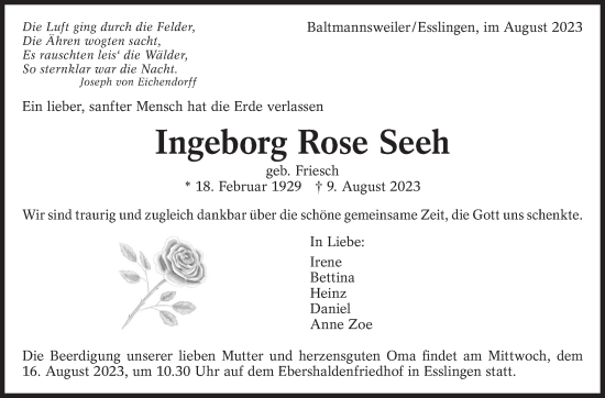 Traueranzeige von Ingeborg Rose Seeh von Eßlinger Zeitung/Cannstatter Zeitung
