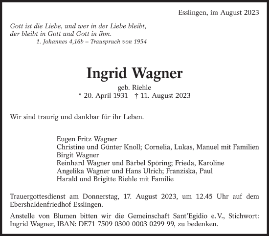 Traueranzeige von Ingrid Wagner von Eßlinger Zeitung/Cannstatter Zeitung