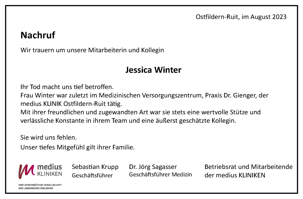  Traueranzeige für Jessica Winter vom 12.08.2023 aus Eßlinger Zeitung/Cannstatter Zeitung