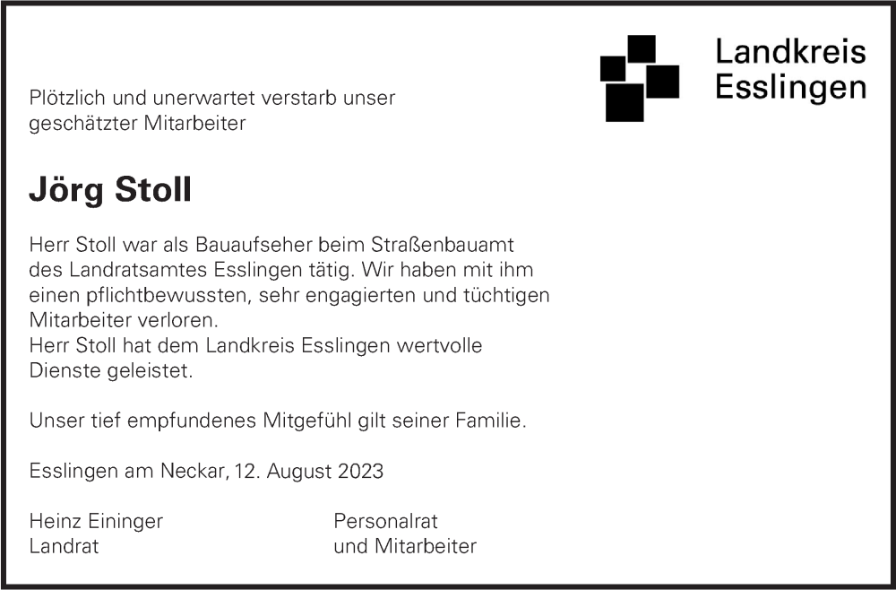  Traueranzeige für Jörg Stoll vom 12.08.2023 aus Eßlinger Zeitung/Cannstatter Zeitung