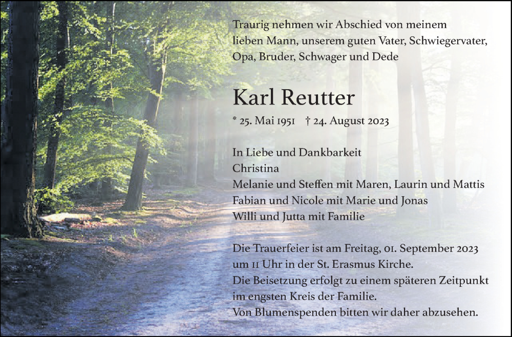  Traueranzeige für Karl Reutter vom 30.08.2023 aus Eßlinger Zeitung/Cannstatter Zeitung