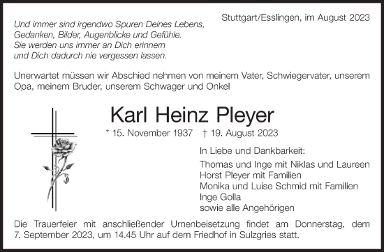 Traueranzeige von Karl Heinz Pleyer von Eßlinger Zeitung/Cannstatter Zeitung