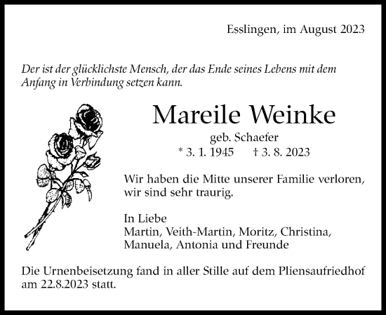 Traueranzeige von Mareile Weinke von Eßlinger Zeitung/Cannstatter Zeitung