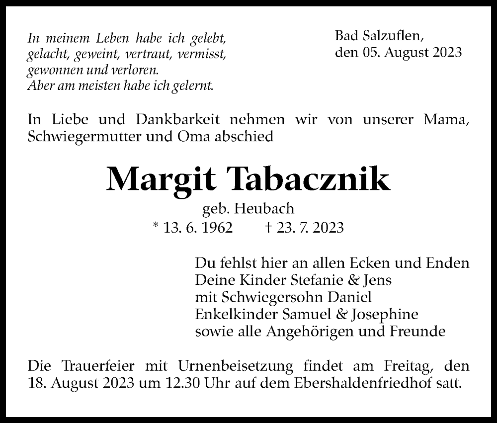  Traueranzeige für Margit Tabacznik vom 05.08.2023 aus Eßlinger Zeitung/Cannstatter Zeitung
