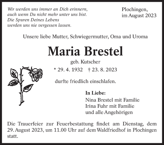 Traueranzeige von Maria Brestel von Eßlinger Zeitung/Cannstatter Zeitung